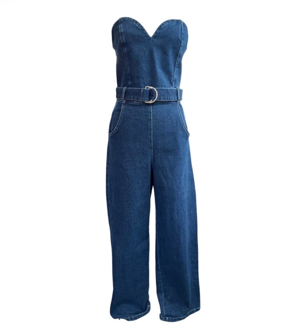 Olia Blue Denim Strapless Jumpsuit Sweetheart Neck Belted Wide Leg Leg Sz M EUC